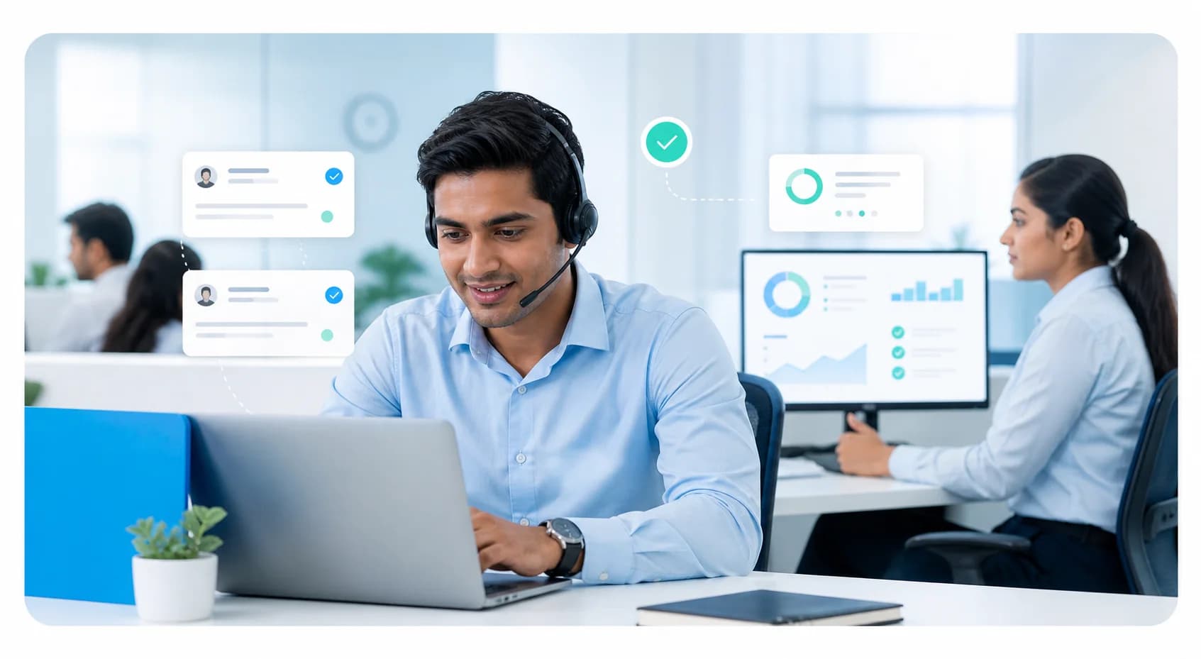 Customer Support team collaborating in a connected WayConnect workspace